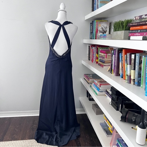 BCBG Deep Blue Draped Beaded A-line Formal Gown size 6 - Picture 7 of 16